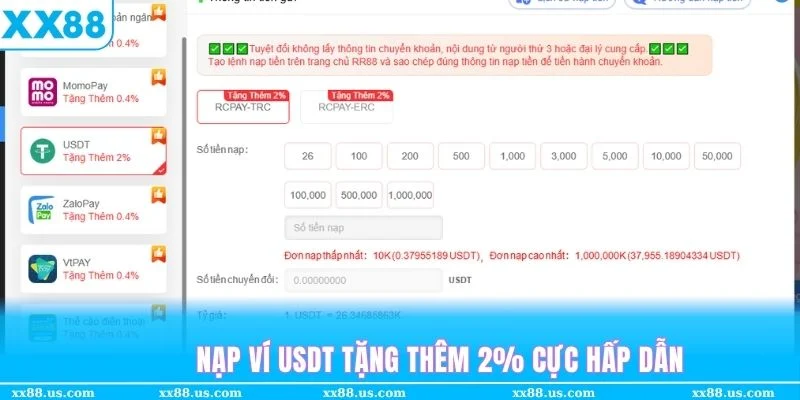 Sử dụng tiền điện tử USDT để nạp tiền XX88 được thưởng ngay 2% giá trị